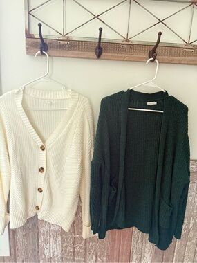 Women’s Maurices Large Lot- Green Open-Front Cardigan & Cream Button Sweater